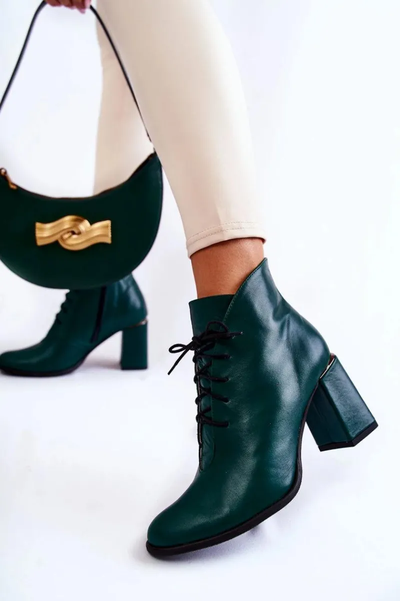 Botki Sznurowane|Botki Na Słupku>Boto Damskie Skórzane Botki Na Słupku Zielone Carrice