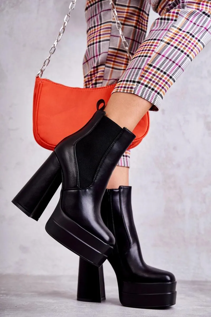 Sale Damskie Skórzane Botki Na Masywnym Obcasie Czarne Jones Damskie Botki Na Słupku|Czarne Botki