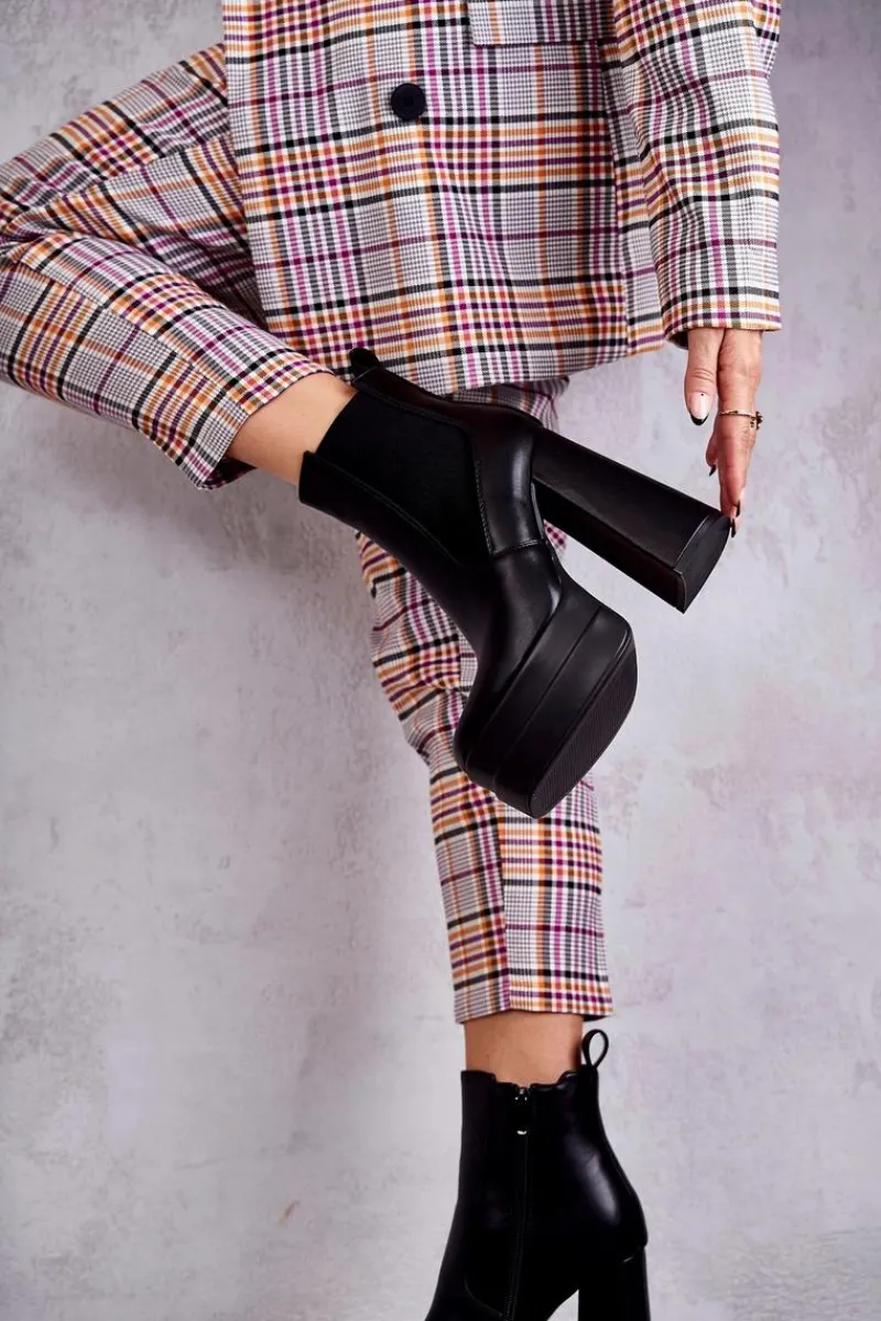 Sale Damskie Skórzane Botki Na Masywnym Obcasie Czarne Jones Damskie Botki Na Słupku|Czarne Botki