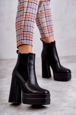 Sale Damskie Skórzane Botki Na Masywnym Obcasie Czarne Jones Damskie Botki Na Słupku|Czarne Botki