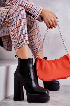 Sale Damskie Skórzane Botki Na Masywnym Obcasie Czarne Jones Damskie Botki Na Słupku|Czarne Botki