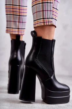 Sale Damskie Skórzane Botki Na Masywnym Obcasie Czarne Jones Damskie Botki Na Słupku|Czarne Botki