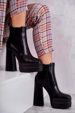 Sale Damskie Skórzane Botki Na Masywnym Obcasie Czarne Jones Damskie Botki Na Słupku|Czarne Botki