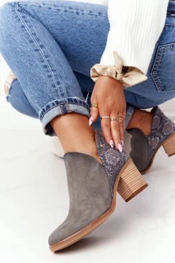 Botki Wiosenne|Botki Maciejka>Maciejka Damskie Skórzane Botki Na Słupku Popielate 04492