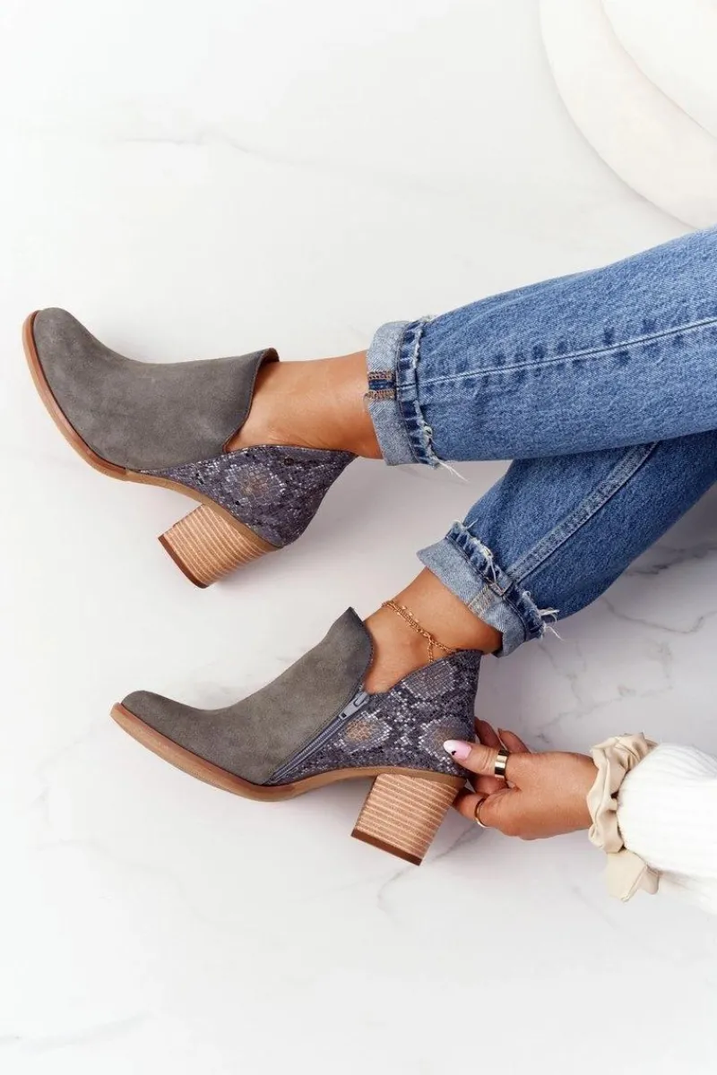 Botki Wiosenne|Botki Maciejka>Maciejka Damskie Skórzane Botki Na Słupku Popielate 04492