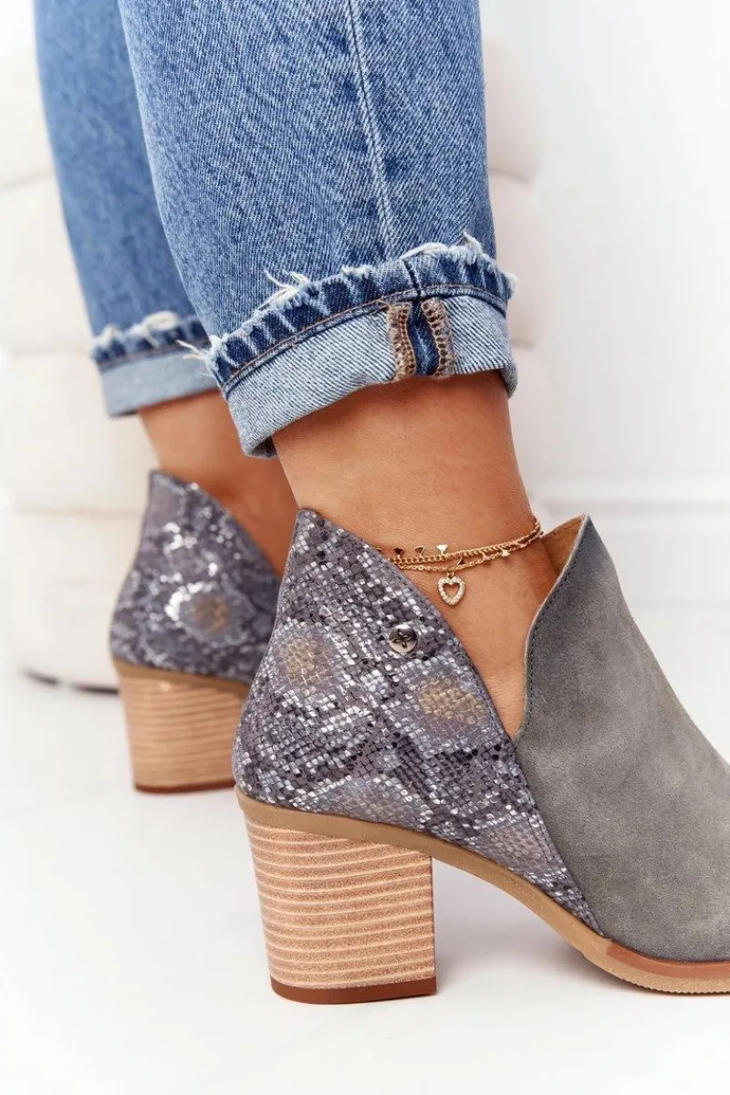 Botki Wiosenne|Botki Maciejka>Maciejka Damskie Skórzane Botki Na Słupku Popielate 04492