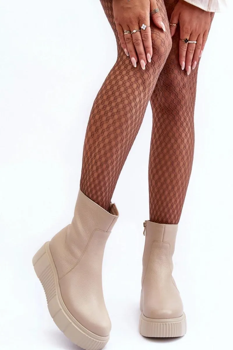 Botki Ocieplane|Botki Zimowe Damskie>Zazoo Damskie Skórzane Botki Na Platformie Beżowe Lemar Jenefer Beżowy