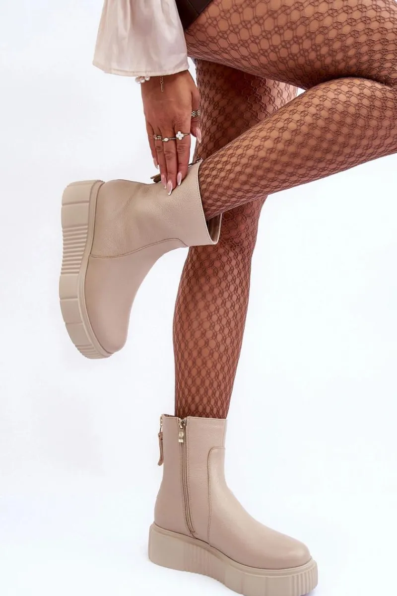 Botki Ocieplane|Botki Zimowe Damskie>Zazoo Damskie Skórzane Botki Na Platformie Beżowe Lemar Jenefer Beżowy