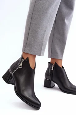 Hot Damskie Skórzane Botki Na Niskim Słupku Zazoo 4111 Czarne Damskie Botki Na Słupku|Czarne Botki
