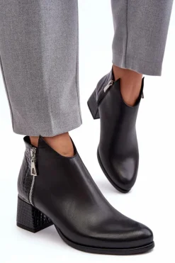 Hot Damskie Skórzane Botki Na Niskim Słupku Zazoo 4111 Czarne Damskie Botki Na Słupku|Czarne Botki