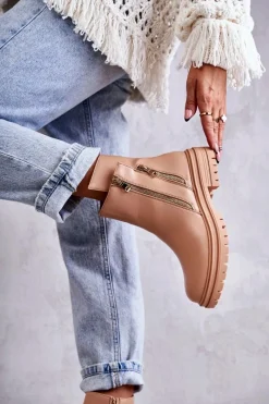 Hot Boto Damskie Skórzane Botki Na Suwak Beżowe Navarra