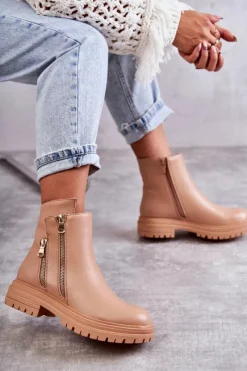 Hot Boto Damskie Skórzane Botki Na Suwak Beżowe Navarra