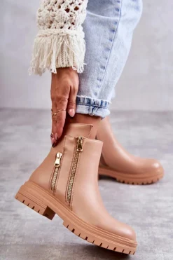 Hot Boto Damskie Skórzane Botki Na Suwak Beżowe Navarra