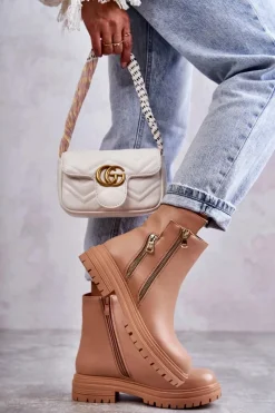 Hot Boto Damskie Skórzane Botki Na Suwak Beżowe Navarra