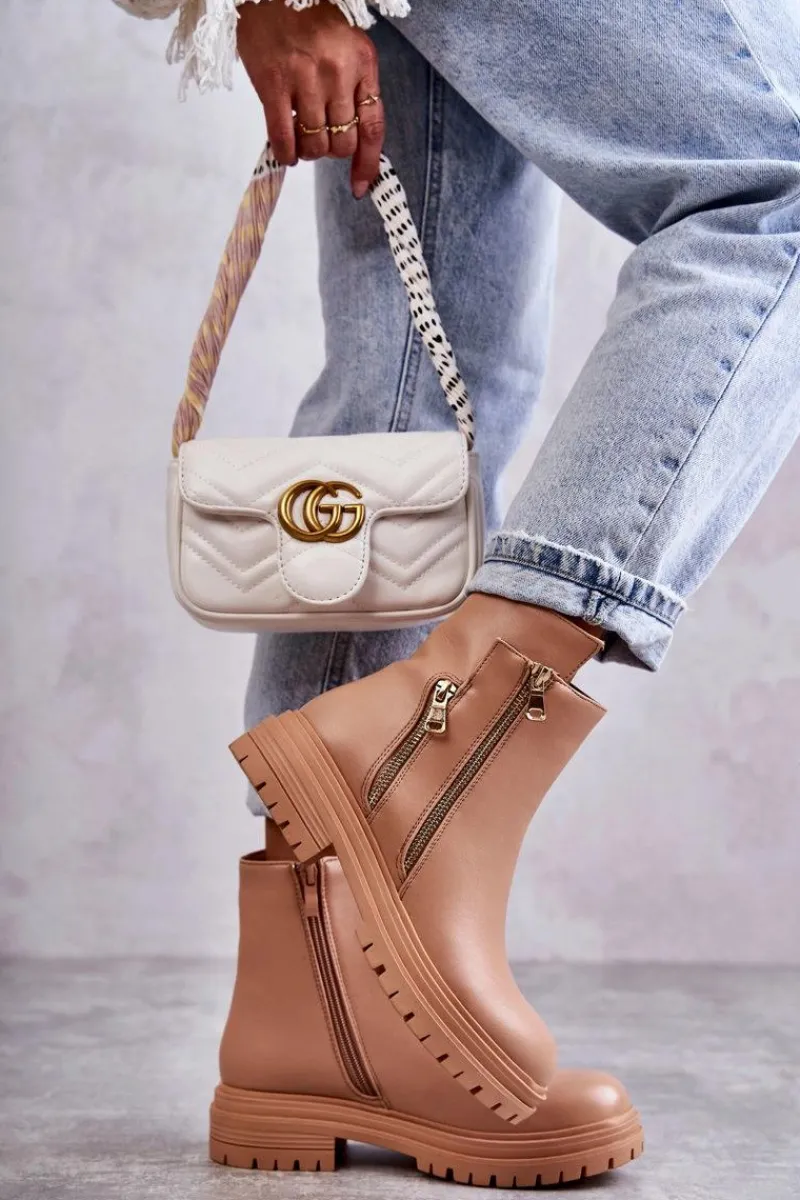 Hot Boto Damskie Skórzane Botki Na Suwak Beżowe Navarra