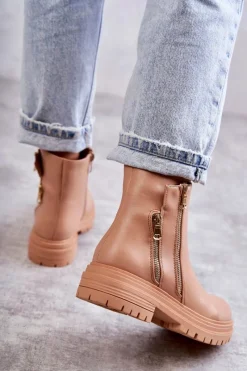 Hot Boto Damskie Skórzane Botki Na Suwak Beżowe Navarra