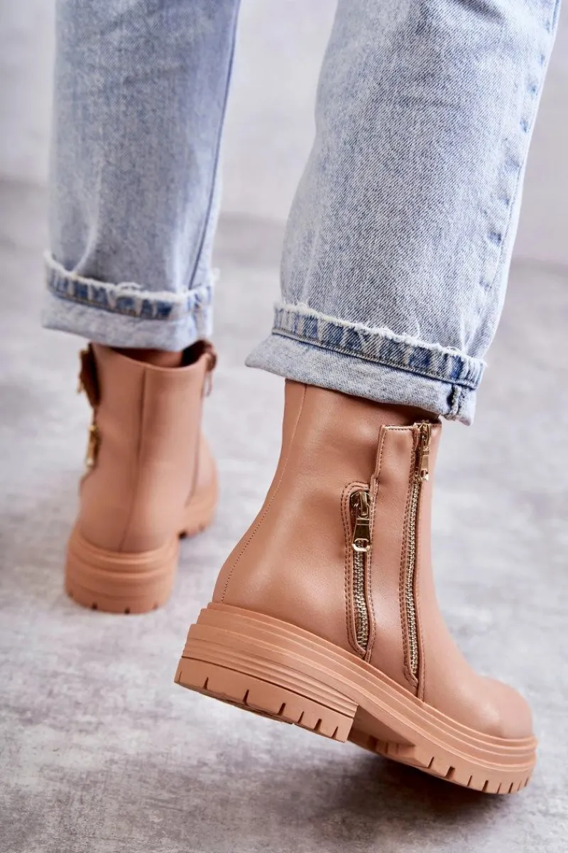 Hot Boto Damskie Skórzane Botki Na Suwak Beżowe Navarra