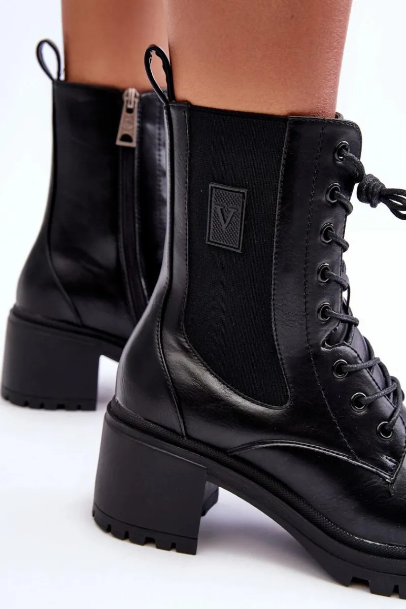 Czarne Botki|Botki Na Obcasie>Buty damskie Vinceza Damskie Skórzane Botki Na Obcasie Czarne Esnar