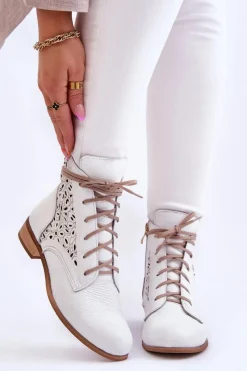 Botki Wiosenne|Botki Skórzane>Boto Damskie Skórzane Botki Na Suwak Lewski Shoes 3186 Biały Groch