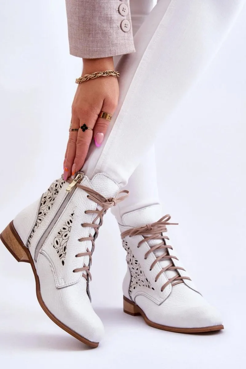 Botki Wiosenne|Botki Skórzane>Boto Damskie Skórzane Botki Na Suwak Lewski Shoes 3186 Biały Groch