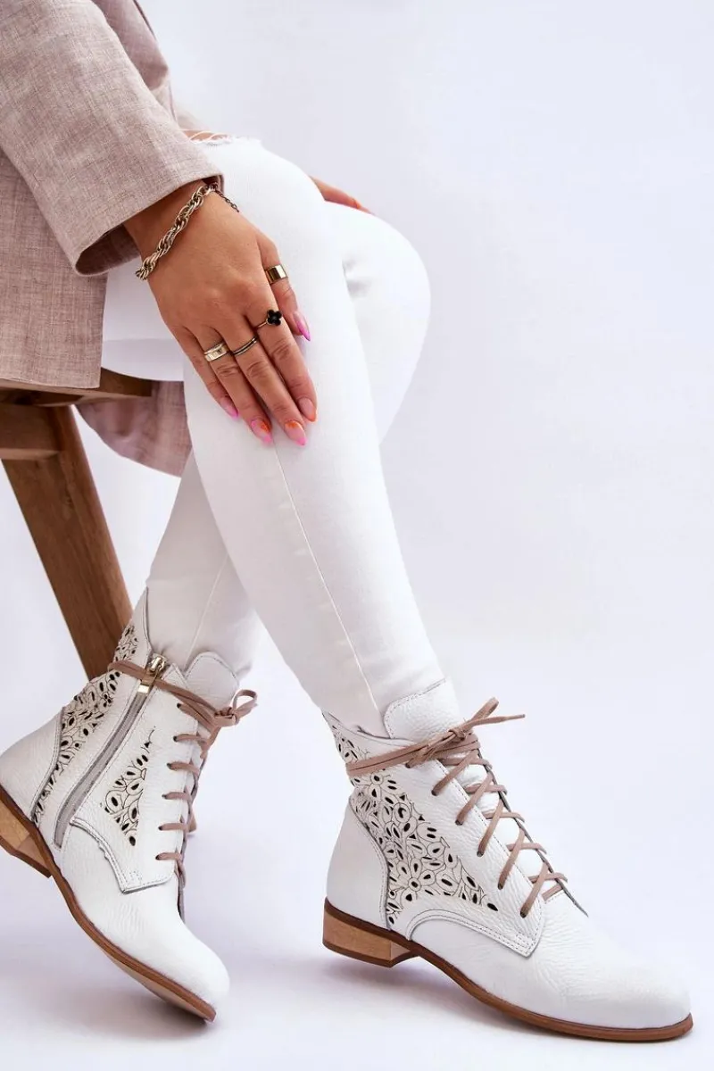 Botki Wiosenne|Botki Skórzane>Boto Damskie Skórzane Botki Na Suwak Lewski Shoes 3186 Biały Groch