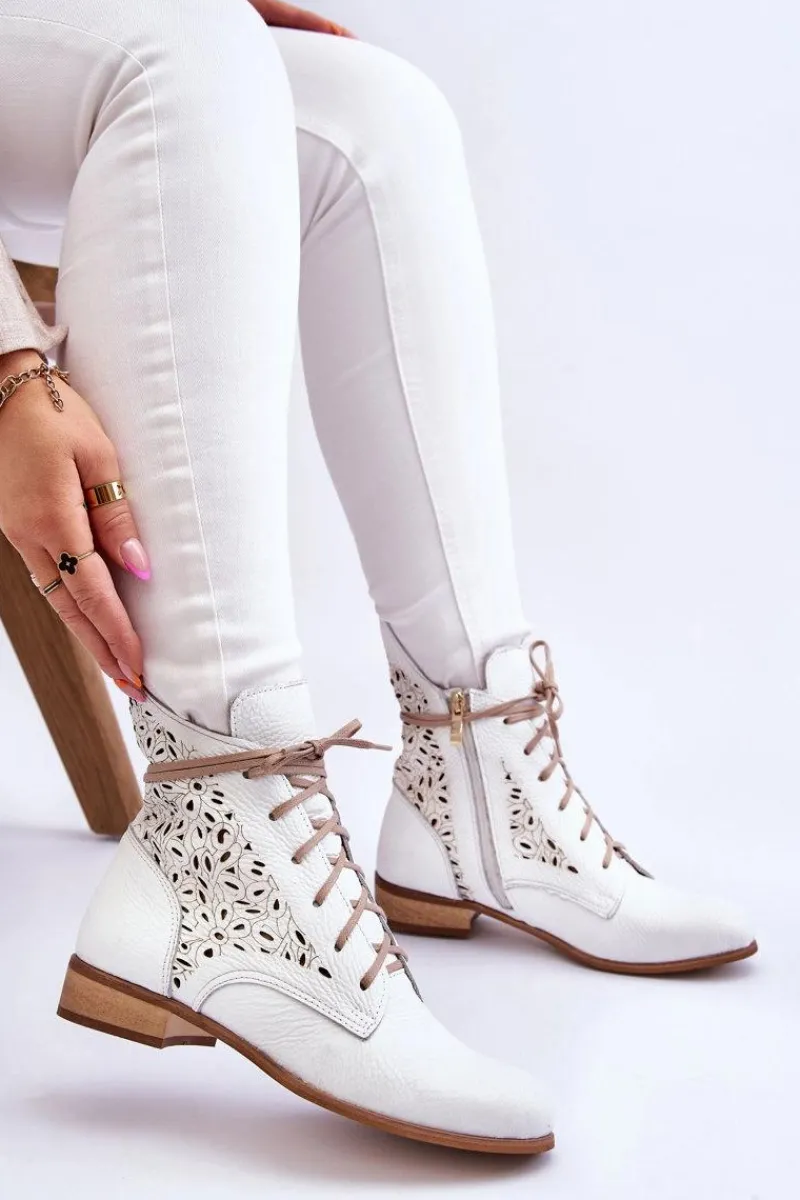 Botki Wiosenne|Botki Skórzane>Boto Damskie Skórzane Botki Na Suwak Lewski Shoes 3186 Biały Groch