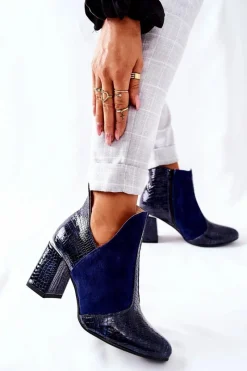 Outlet Damskie Skórzane Botki Na Słupku Granatowe I Wish Damskie Botki Na Słupku|Botki Na Obcasie