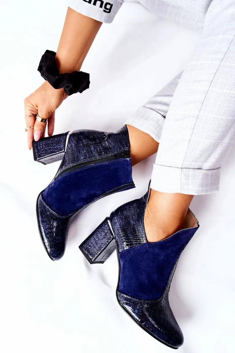 Outlet Damskie Skórzane Botki Na Słupku Granatowe I Wish Damskie Botki Na Słupku|Botki Na Obcasie