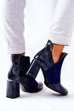 Outlet Damskie Skórzane Botki Na Słupku Granatowe I Wish Damskie Botki Na Słupku|Botki Na Obcasie