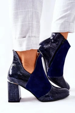 Outlet Damskie Skórzane Botki Na Słupku Granatowe I Wish Damskie Botki Na Słupku|Botki Na Obcasie