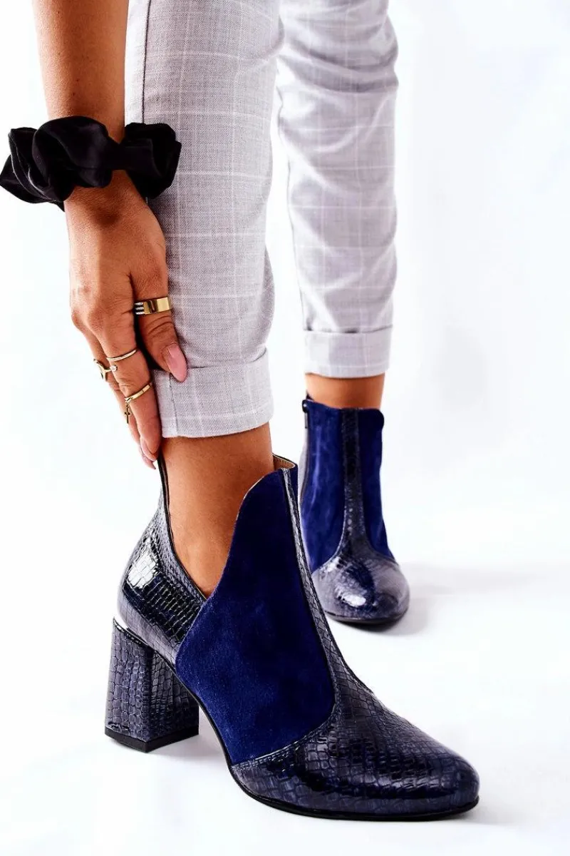 Outlet Damskie Skórzane Botki Na Słupku Granatowe I Wish Damskie Botki Na Słupku|Botki Na Obcasie