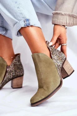 Discount Damskie Skórzane Botki Na Słupku Oliwkowe 04492-24 Damskie Botki Wiosenne|Botki Maciejka