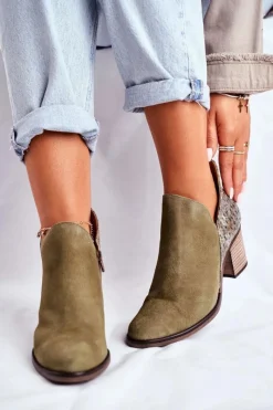 Discount Damskie Skórzane Botki Na Słupku Oliwkowe 04492-24 Damskie Botki Wiosenne|Botki Maciejka