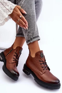 Clearance Boto Damskie Skórzane Botki Na Płaskim Obcasie Brązowe Lemar Charline