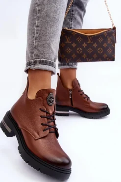 Clearance Boto Damskie Skórzane Botki Na Płaskim Obcasie Brązowe Lemar Charline