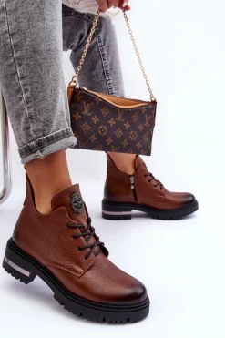 Clearance Boto Damskie Skórzane Botki Na Płaskim Obcasie Brązowe Lemar Charline