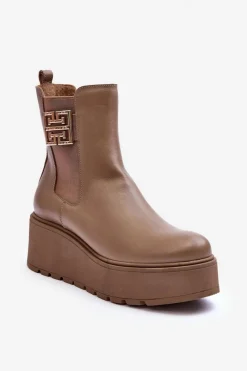 Botki Na Koturnie|Botki Zimowe Damskie>Boto Damskie Skórzane Botki Na Masywnej Platformie Ciemnobeżowe Lemar Savira