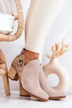 Botki Wiosenne|Botki Maciejka>Maciejka Damskie Skórzane Botki Na Słupku Jasnobeżowe 04492