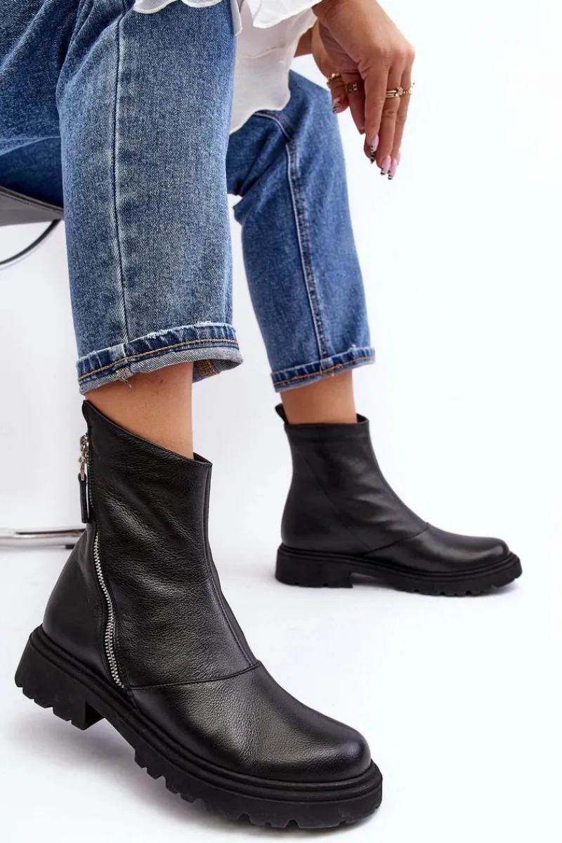 Botki Wiosenne|Botki Skórzane>Laura Messi Damskie Skórzane Botki Na Płaskim Obcasie 2620/975 Czarne