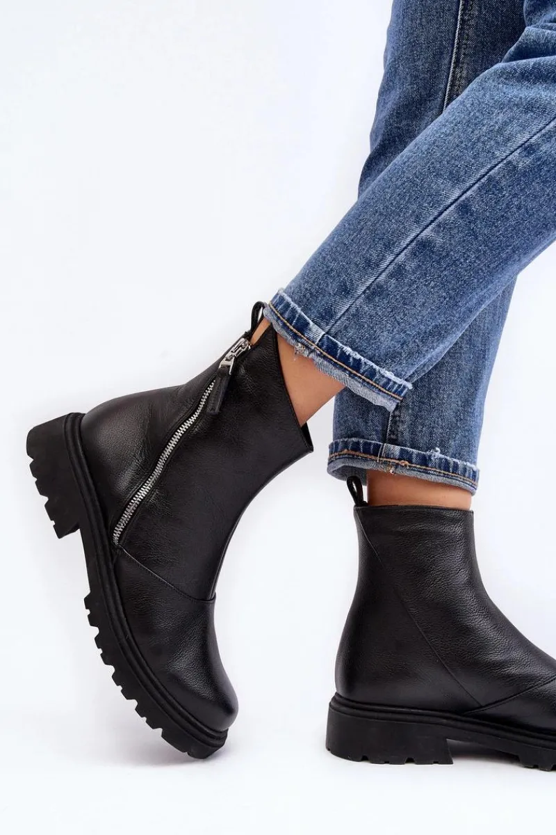 Botki Wiosenne|Botki Skórzane>Laura Messi Damskie Skórzane Botki Na Płaskim Obcasie 2620/975 Czarne