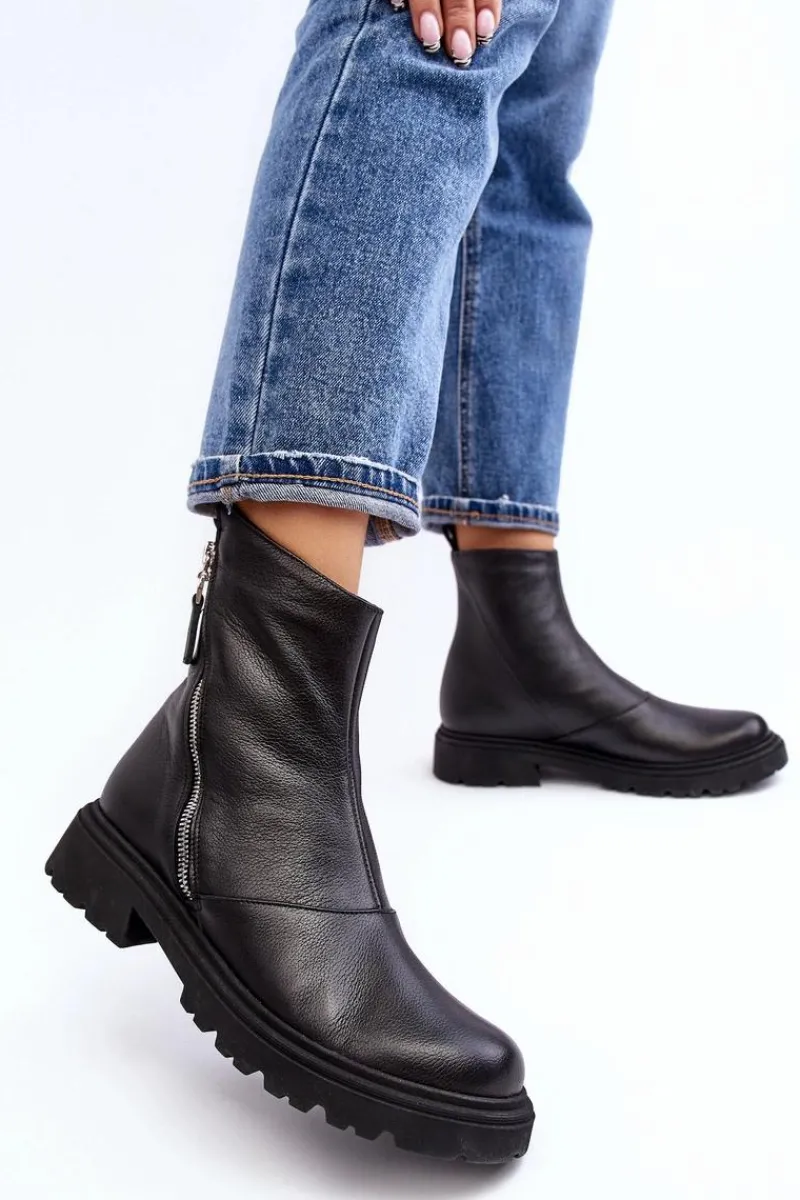 Botki Wiosenne|Botki Skórzane>Laura Messi Damskie Skórzane Botki Na Płaskim Obcasie 2620/975 Czarne