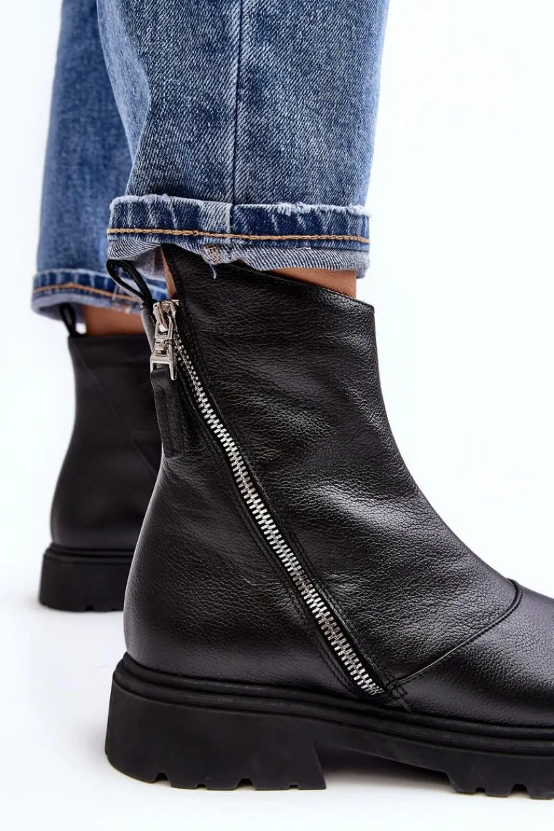 Botki Wiosenne|Botki Skórzane>Laura Messi Damskie Skórzane Botki Na Płaskim Obcasie 2620/975 Czarne