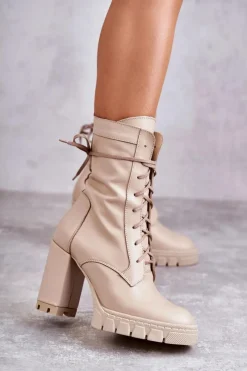 Damskie Trapery|Botki Sznurowane>Boto Damskie Skórzane Botki Na Platformie Beżowe Edna