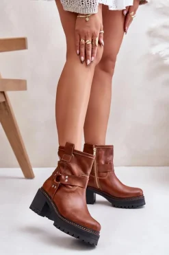 Hot Damskie Skórzane Botki Na Zamek Lewski 3435 Brązowe Damskie Botki Na Słupku|Botki Na Obcasie