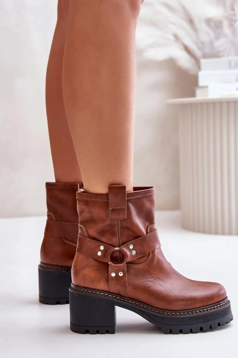 Hot Damskie Skórzane Botki Na Zamek Lewski 3435 Brązowe Damskie Botki Na Słupku|Botki Na Obcasie