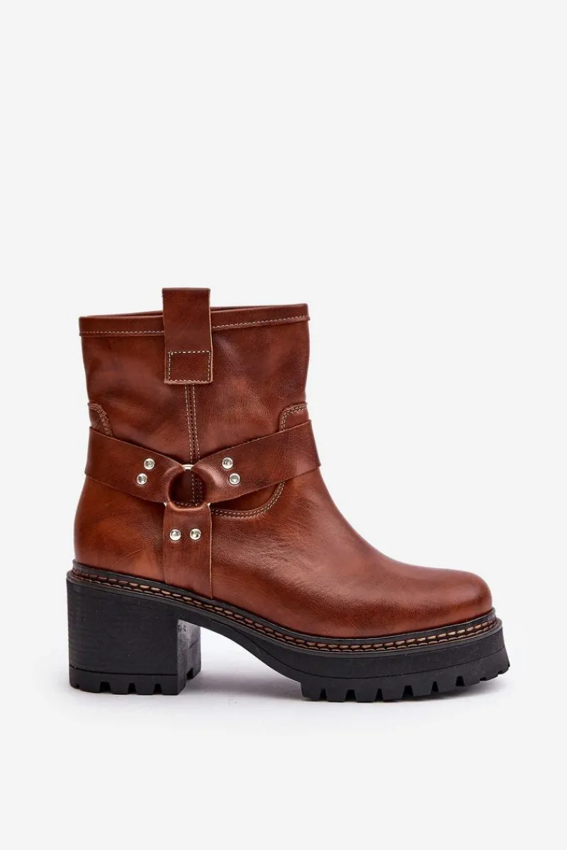 Hot Damskie Skórzane Botki Na Zamek Lewski 3435 Brązowe Damskie Botki Na Słupku|Botki Na Obcasie