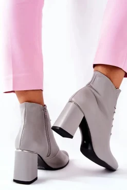 Hot Damskie Skórzane Botki Na Słupku Szare Carrice Damskie Botki Sznurowane|Botki Na Słupku