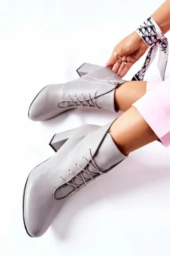 Hot Damskie Skórzane Botki Na Słupku Szare Carrice Damskie Botki Sznurowane|Botki Na Słupku