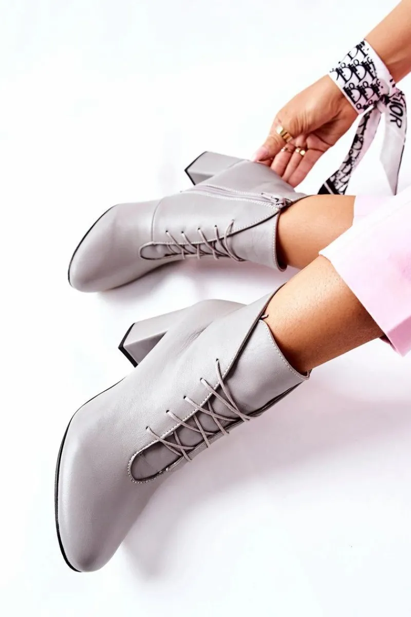 Hot Damskie Skórzane Botki Na Słupku Szare Carrice Damskie Botki Sznurowane|Botki Na Słupku