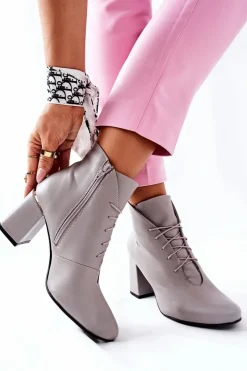 Hot Damskie Skórzane Botki Na Słupku Szare Carrice Damskie Botki Sznurowane|Botki Na Słupku